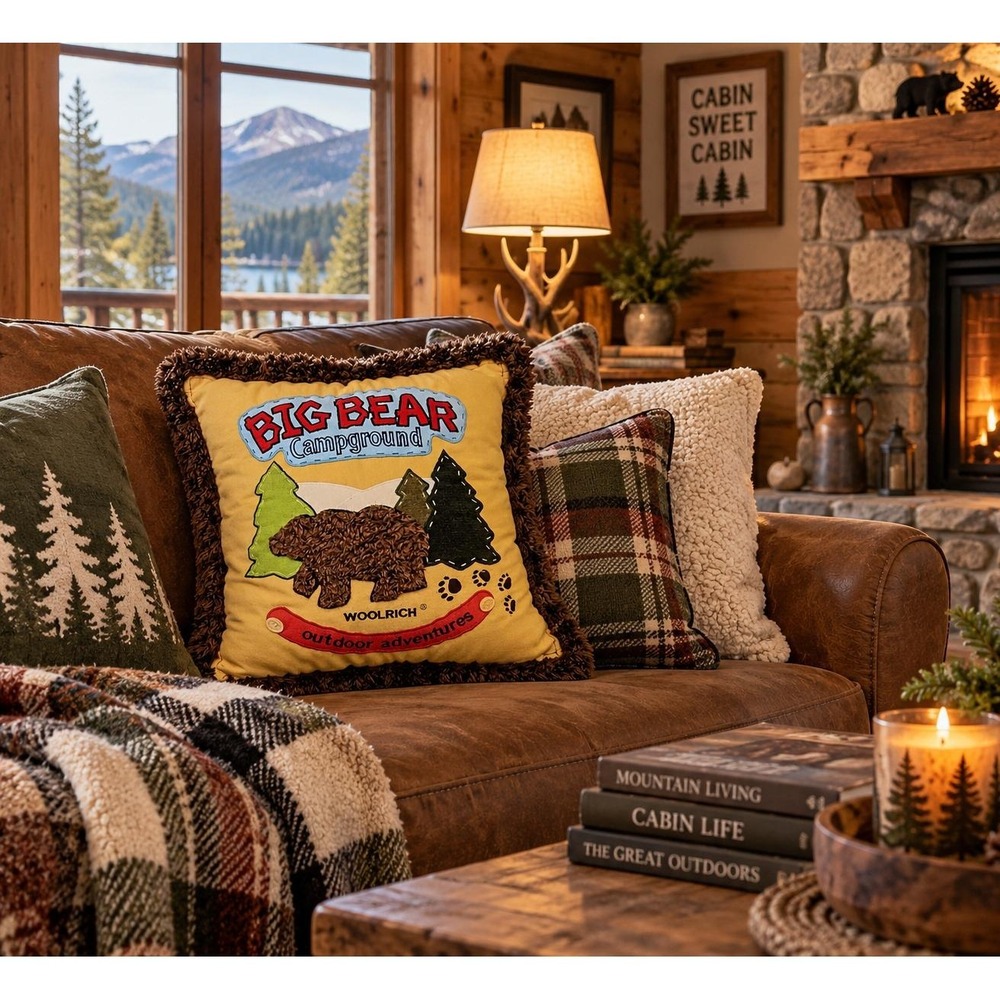 Woolrich Big Bear Campground Outdoor Adventures Throw Pillow Faux Fur Trim 18x18